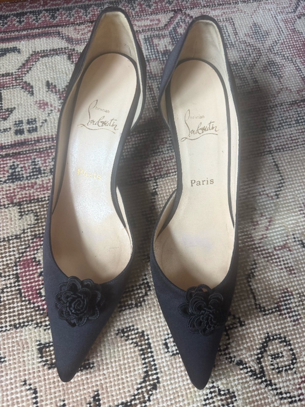 Christian Louboutin Black Silk Satin Rosette d'Orsay Pumps Size 42
